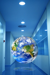 Conceptual close up floating world map on empty office interior