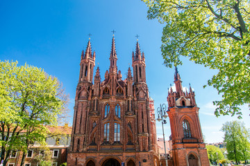 Fototapeta na wymiar Gothic church of Saint Anne. Vilnius city, Lithuania. Famous central landmark. Vilnius, Lithuania. May, 2019