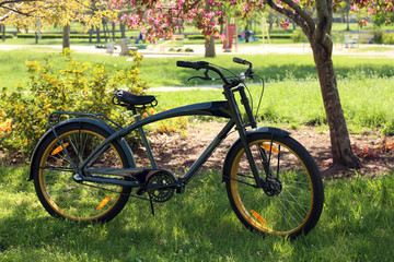 Fototapeta na wymiar Modern bicycle in spring park