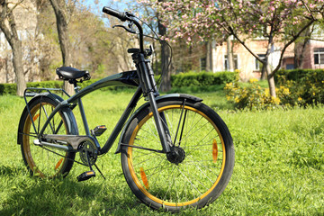 Fototapeta na wymiar Modern bicycle in spring park