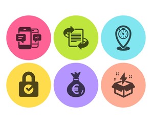 Smartphone sms, Marketing and Timer icons simple set. Password encryption, Money bag and Creative idea signs. Mobile messages, Article. Business set. Flat smartphone sms icon. Circle button. Vector