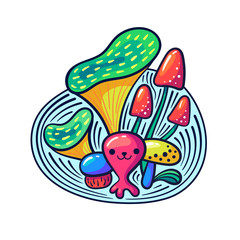 Cute kawaii mushrooms and monsters in doodle style.