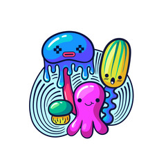 Cute kawaii mushrooms and monsters in doodle style.