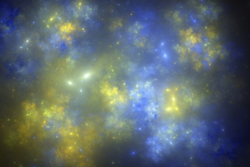 Fototapeta na wymiar Yellow and blue fractal galaxy, digital artwork for creative graphic design