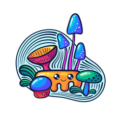 Cute kawaii mushrooms and monsters in doodle style.