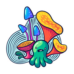 Cute kawaii mushrooms and monsters in doodle style.