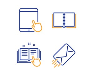 Technical documentation, Tablet pc and Book icons simple set. E-mail sign. Manual, Touchscreen gadget, E-learning course. Mail delivery. Education set. Linear technical documentation icon. Vector