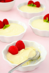White chocolate custard with raspberries