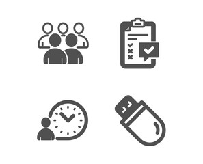 Set of Time management, Checklist and Group icons. Usb stick sign. Work time, Survey, Developers. Memory flash.  Classic design time management icon. Flat design. Vector