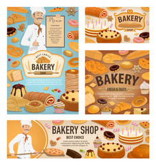 Baker baking bread, bakery shop dessert cakes