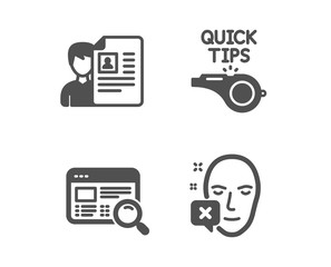 Set of Tutorials, Job interview and Website search icons. Face declined sign. Quick tips, Cv file, Find internet. Identification error.  Classic design tutorials icon. Flat design. Vector