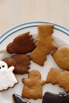 Closeup Of Baked Halloween Cookies On Plate