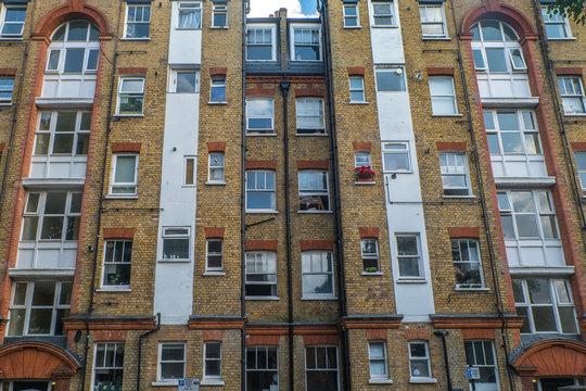 Abstract images of geometric shapes on buildings in London, suitable for making background images.