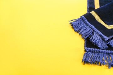 Muslim prayer mat on color background