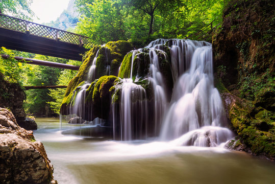 Long exposure image of Bigar Falls from Romania in a sunny day