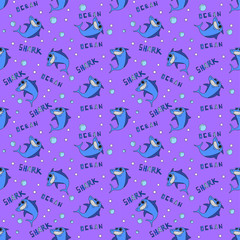 Sharks silhouettes seamless pattern. Blue smiling shark on a purple background with an inscription Ocean Shark and abstract geometric shapes. For invitations, greeting cards, gift wrap, manufacturing.