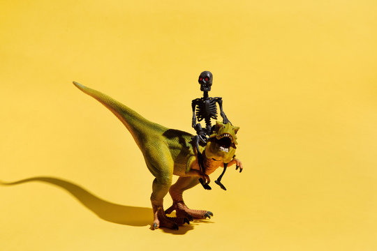 Skeleton riding dinosaur on yellow background
