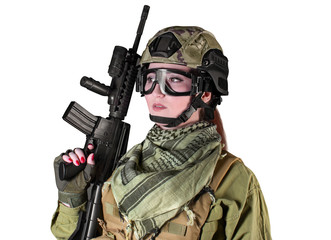 Fully equipped military soldier woman with red lacquer nails holding an automatic rifle M16, isolated photo.