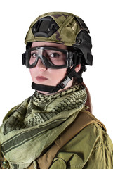 Portrait of fully equipped young military soldier woman in helmet, glasses and scarf, isolated photo.