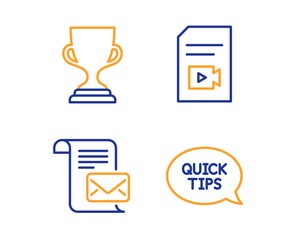 Award cup, Video file and Mail letter icons simple set. Quickstart guide sign. Trophy, Vlog page, Read e-mail. Helpful tricks. Education set. Linear award cup icon. Colorful design set. Vector