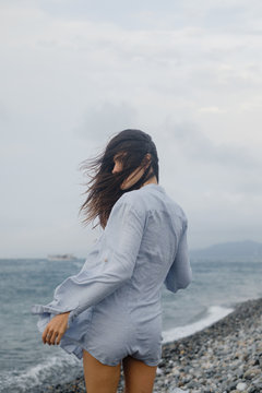 Windy seaside portrait
