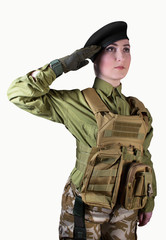 Young beautiful military soldier woman in protective armor tactical vest, camouflage pants, military beret and gloves, standing and saluting, isolated photo. 