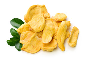 Close up of a pile of dried jackfruit chips isolated on white background
