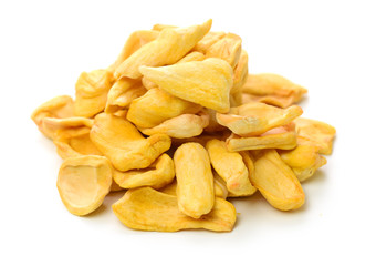 Close up of a pile of dried jackfruit chips isolated on white background