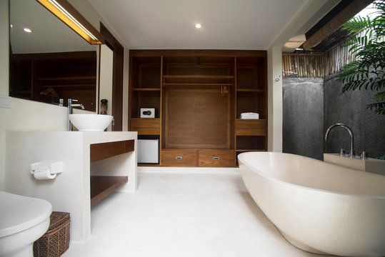 Luxury bathroom with bathtub in a villa, Ubud