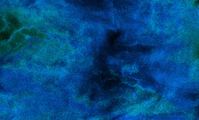 Dark aquarelle painted ink canvas for modern creative design. Blue neon watercolor on deep black...