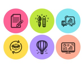 Creativity, Air balloon and Return parcel icons simple set. Graph chart, Article and Analytics graph signs. Graphic art, Flight travel. Business set. Flat creativity icon. Circle button. Vector