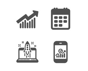 Set of Demand curve, Start business and Calendar icons. Smartphone statistics sign. Statistical report, Launch idea, Event reminder. Mobile business.  Classic design demand curve icon. Flat design