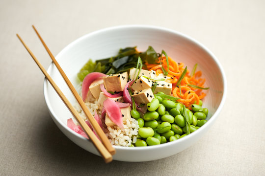 Delicious dish of tofu and veggies in bowl.