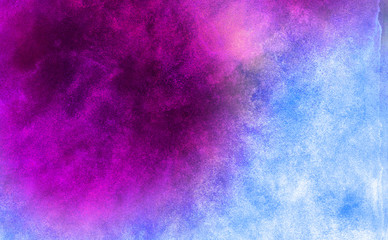 Beautiful fantasy colorful aquarelle paper textured ink effect grungy wet pastel illustration for design. Simple blue, purple and pink shades watercolor background for vintage card, retro template