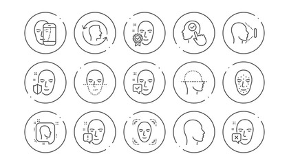 Face recognize line icons. Biometrics detection, Face id and scanning. Identification linear icon set. Line buttons with icon. Editable stroke. Vector