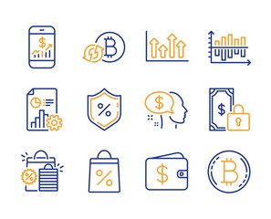 Refresh bitcoin, Report and Shopping bag icons simple set. Loan percent, Shopping bags and Pay signs. Private payment, Upper arrows and Diagram chart symbols. Line refresh bitcoin icon. Colorful set