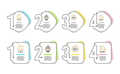 Clown, Sale and Air balloon icons simple set. Hot sale sign. Funny performance, Shopping star, Flight travel. Shopping flame. Holidays set. Infographic timeline. Line clown icon. 4 options or steps