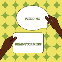 Text sign showing Wedding Brainstorming. Business photo text Getting married in an economical breaking the bank Two Blank Figured Tablets Signs Held in Hands One Above Other Text Space