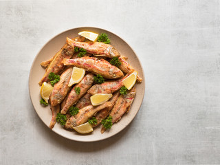Fried fish on a plate. Dietary surmullet fish. 