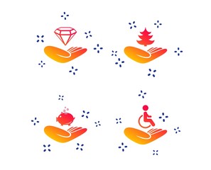 Helping hands icons. Protection and insurance symbols. Financial money savings, save forest. Diamond brilliant sign. Disabled human. Random dynamic shapes. Gradient insurance icon. Vector