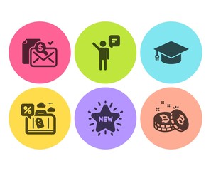 Accounting report, Travel loan and Agent icons simple set. New star, Graduation cap and Bitcoin signs. Check finance, Trip discount. Business set. Flat accounting report icon. Circle button. Vector