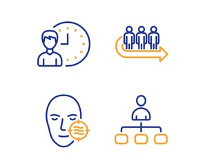 Problem skin, Queue and Working hours icons simple set. Management sign. Facial care, People waiting, Project deadline. Agent. People set. Linear problem skin icon. Colorful design set. Vector