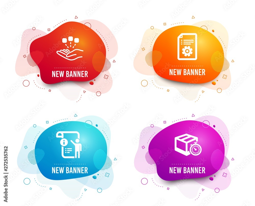 Poster liquid badges. set of technical documentation, manual doc and consolidation icons. delivery timer si