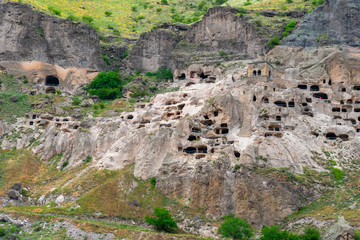 View of Vardzia caves. Vardzia is a cave monastery site in southern Georgia, excavated from the slopes of the Erusheti Mountain on the left bank of the Kura River