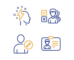Opinion, Edit user and Brainstorming icons simple set. Identification card sign. Choose answer, Profile data, Lightning bolt. Person document. People set. Linear opinion icon. Colorful design set