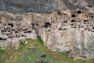 View of Vardzia caves. Vardzia is a cave monastery site in southern Georgia, excavated from the slopes of the Erusheti Mountain on the left bank of the Kura River