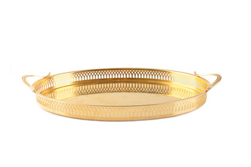 Vintage gold tray isolated on white background.