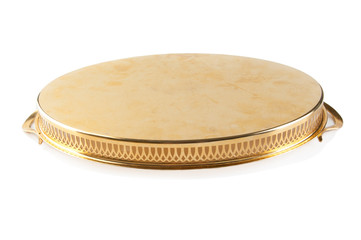 Vintage gold tray isolated on white background.