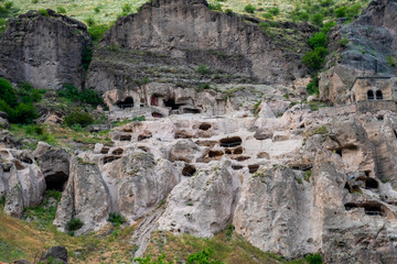 View of Vardzia caves. Vardzia is a cave monastery site in southern Georgia, excavated from the slopes of the Erusheti Mountain on the left bank of the Kura River