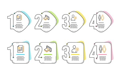 User idea, Cash and Cv documents icons simple set. Restroom sign. Light bulb, Atm payment, Portfolio files. Wc toilet. Infographic timeline. Line user idea icon. 4 options or steps. Vector